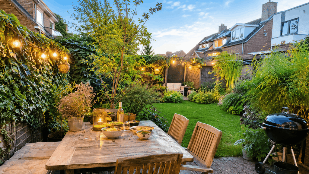 Zomeravonden in de tuin sfeer, eten en gezelligheid buiten