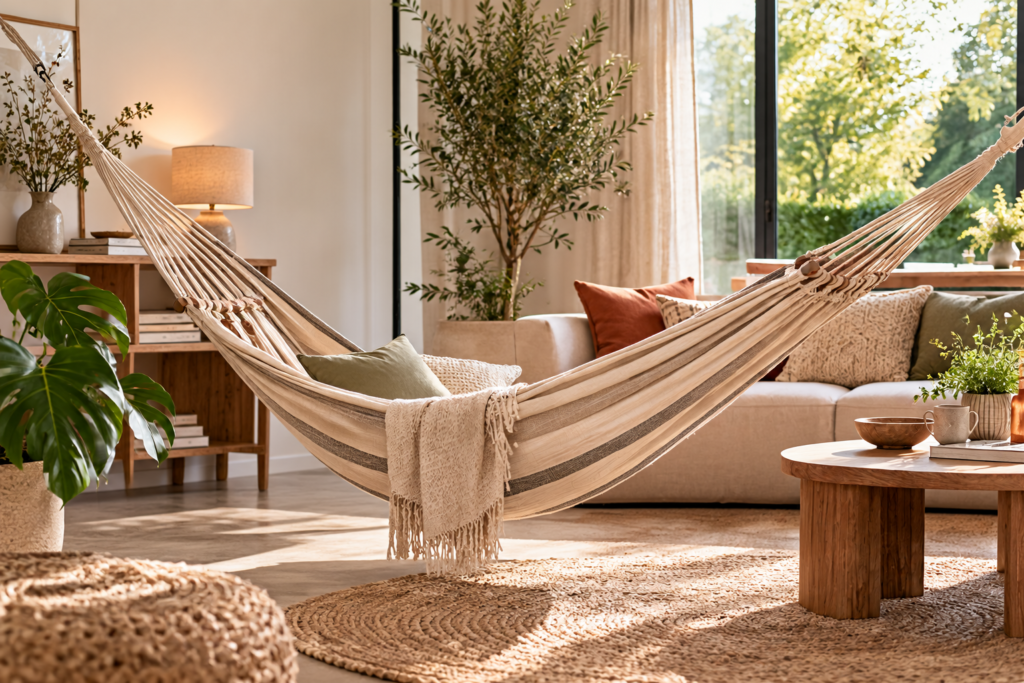 Knusse woonkamer met natuurlijke materialen, planten en een comfortabele hangmat