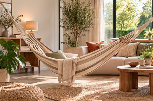 Knusse woonkamer met natuurlijke materialen, planten en een comfortabele hangmat